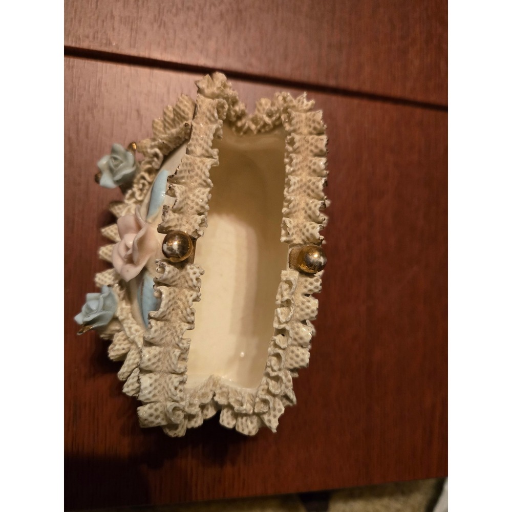 Vintage Ceramic Purse Trinket Box Floral Lace Porcelain Rose Shabby Chic Cream - Picture 3 of 6